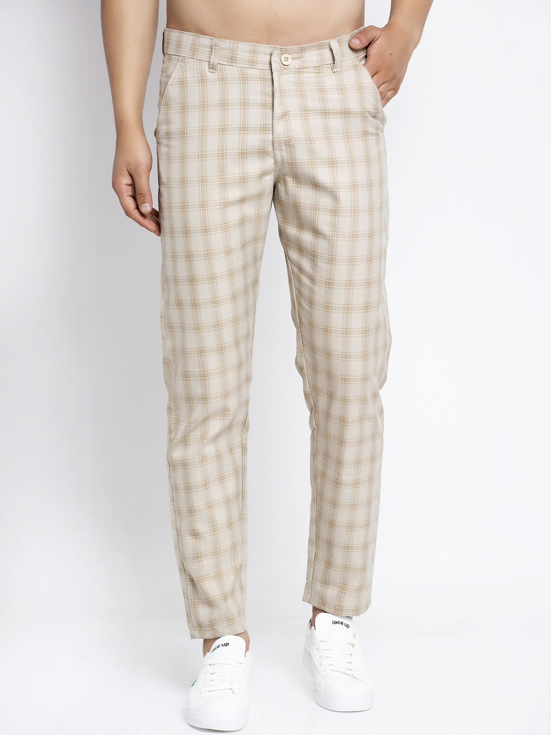 

JAINISH Men Cream Checked Formal Trousers