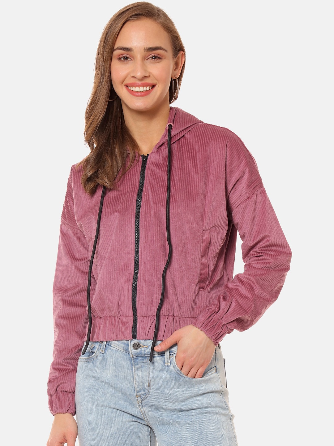 

Campus Sutra Women Pink Striped Bomber Jacket