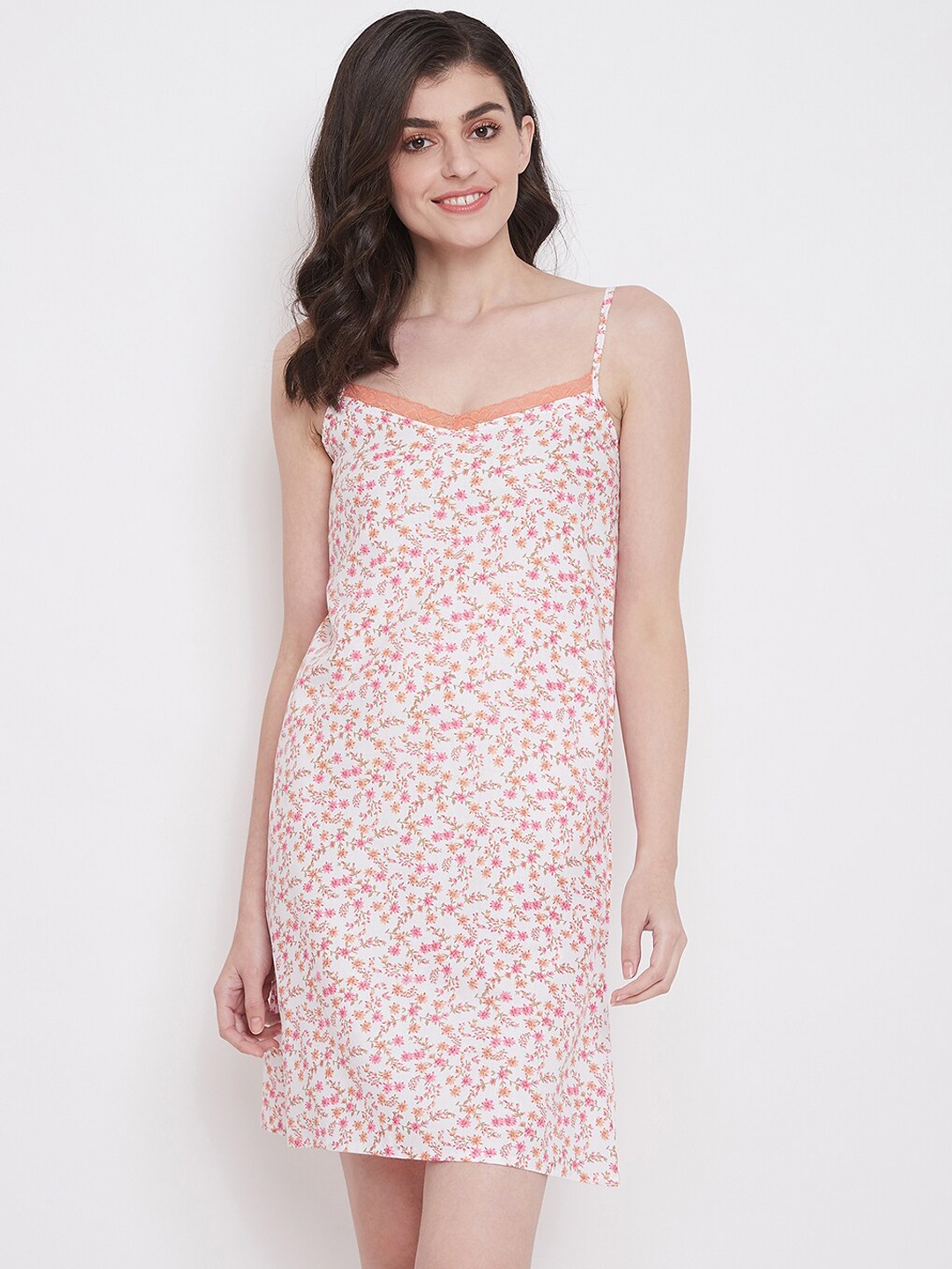 

Clovia Women Orange & Off-White Floral Printed Nightdress