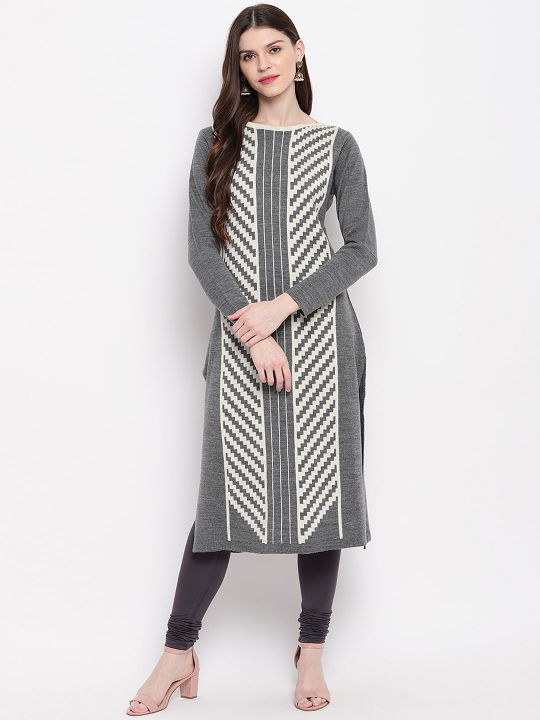 

Janasya Women Grey & Off-White Striped A-Line Kurta