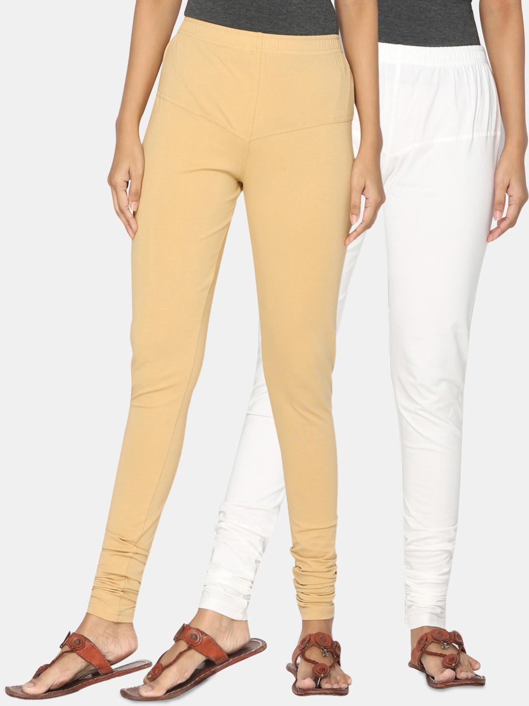 TSG Bliss Women Pack Of 2 Beige & Off-White Solid Churidar-Length leggings