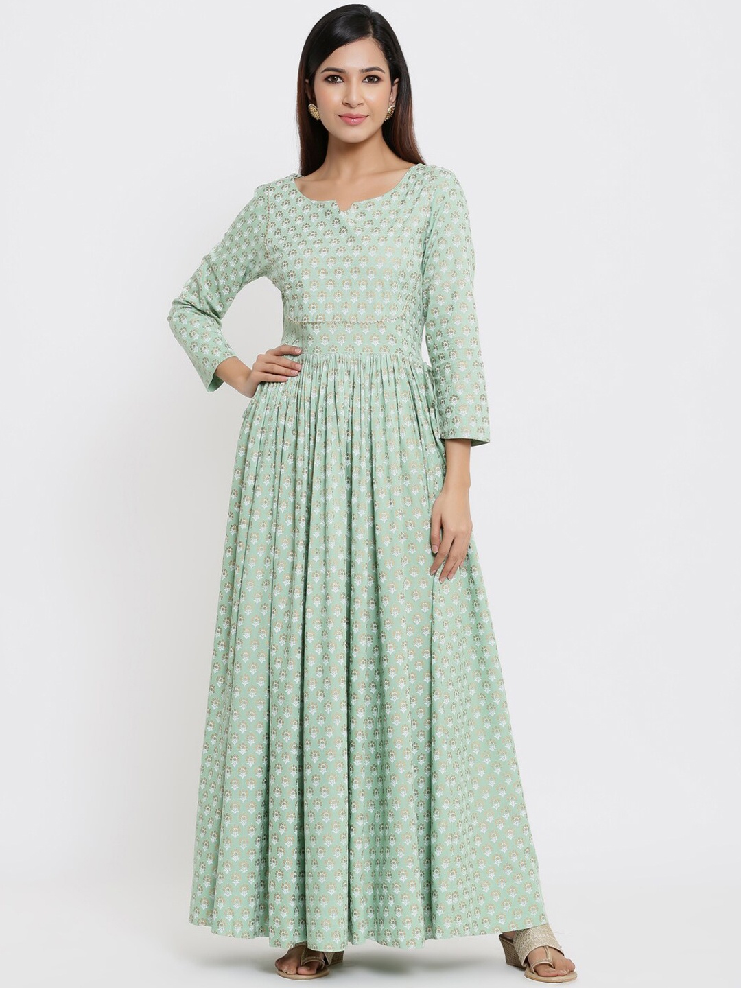 

Indian Virasat Women Green Printed Maxi Dress