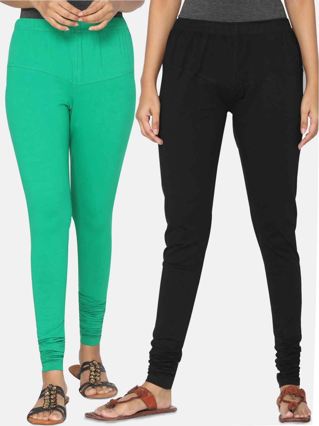 

TSG Bliss Women Pack Of 2 Black & Green Solid Churidar-Length leggings