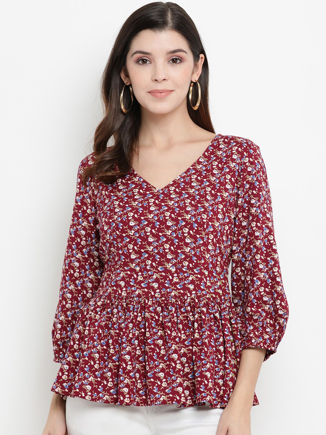 

THREAD MUSTER Women Maroon Printed Peplum Top