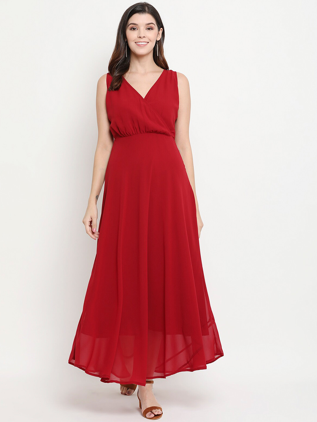 

THREAD MUSTER Maroon Georgette V-Neck Maxi Dress