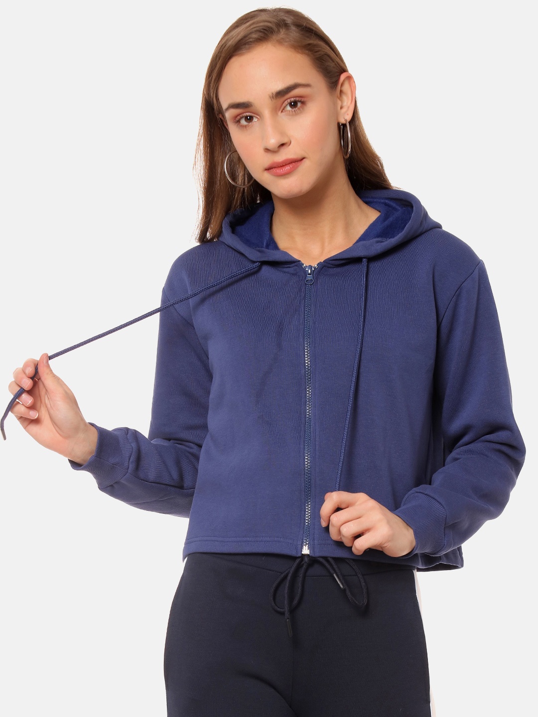 

Campus Sutra Women Navy Blue Solid Hooded Sweatshirt