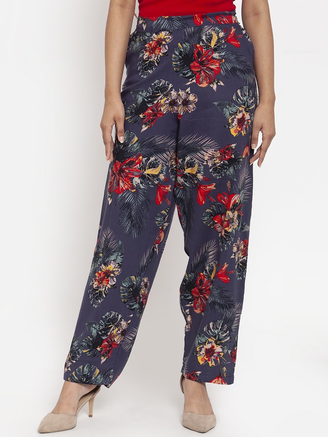 

TAG 7 Women Navy Blue Floral Printed Straight Palazzos