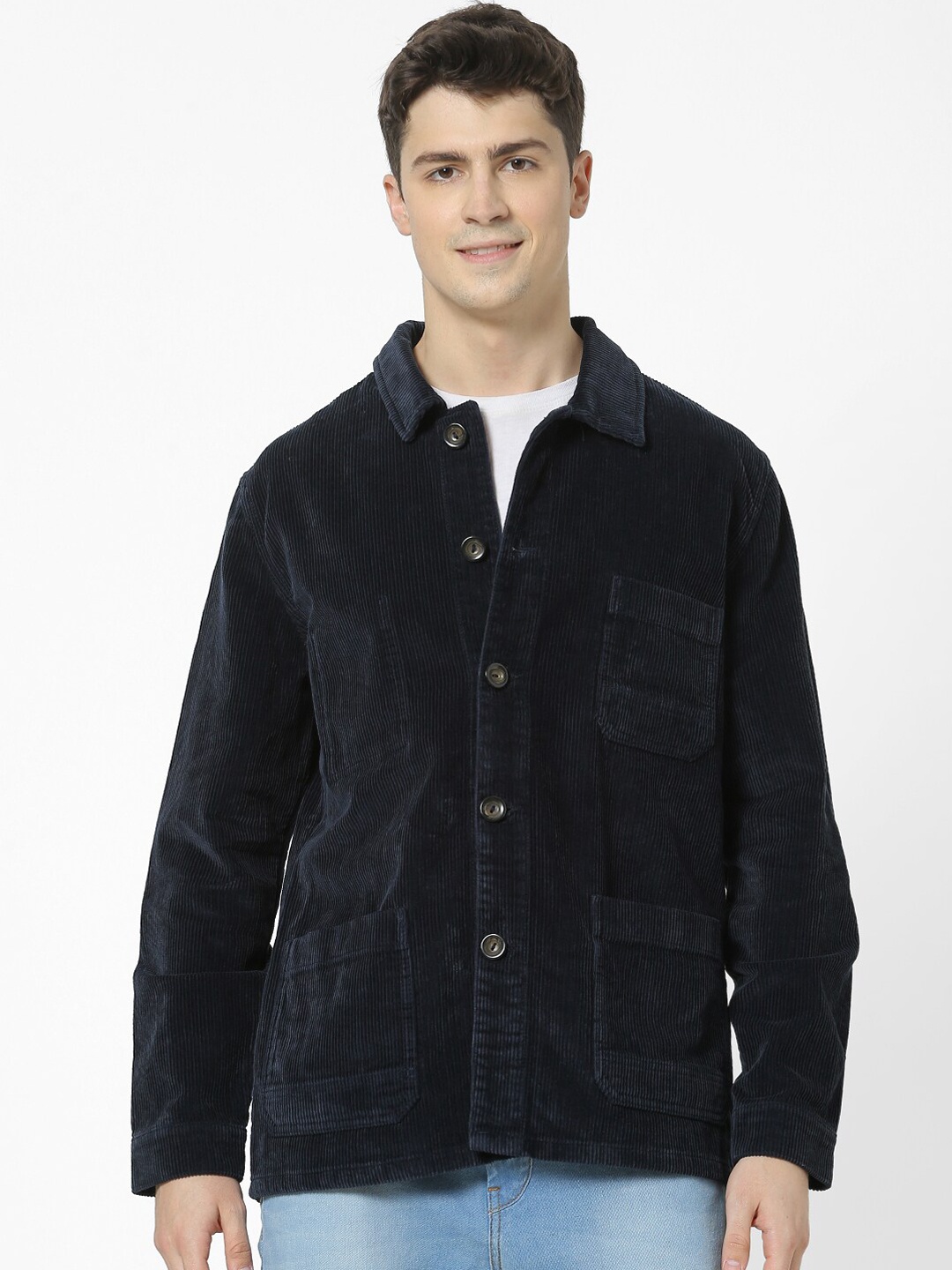 

Celio Men Navy Blue Self Design Denim Jacket