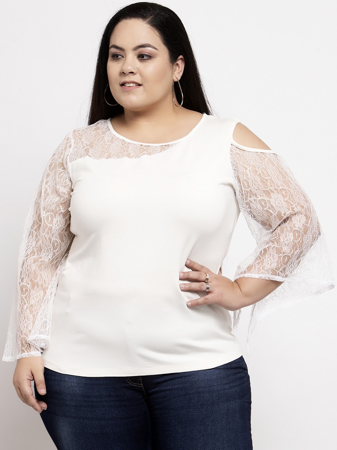 

Flambeur White Cold-Shoulder Sleeves Crepe Top