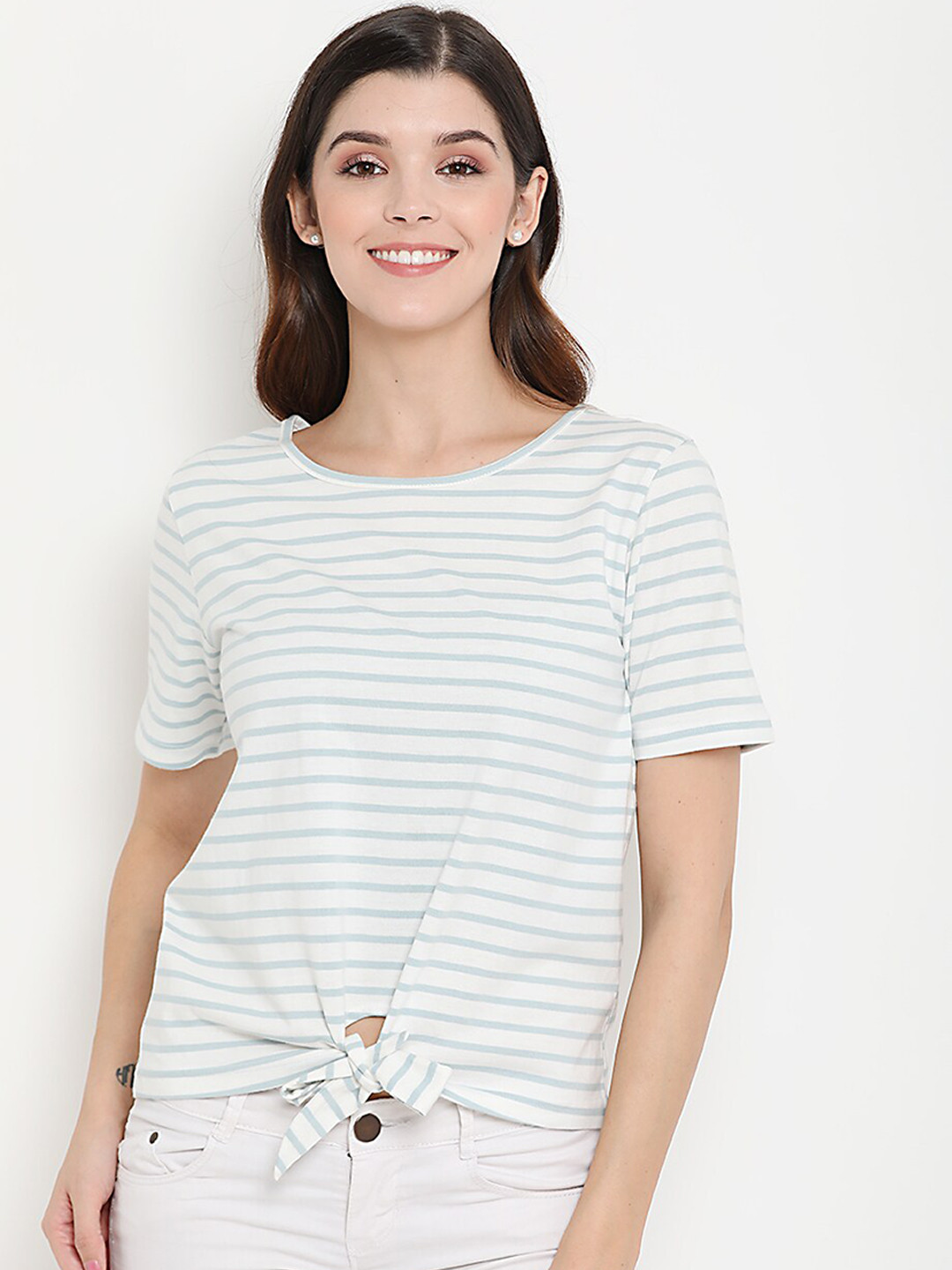 

THREAD MUSTER Women Off-White Striped Pure Cotton Top