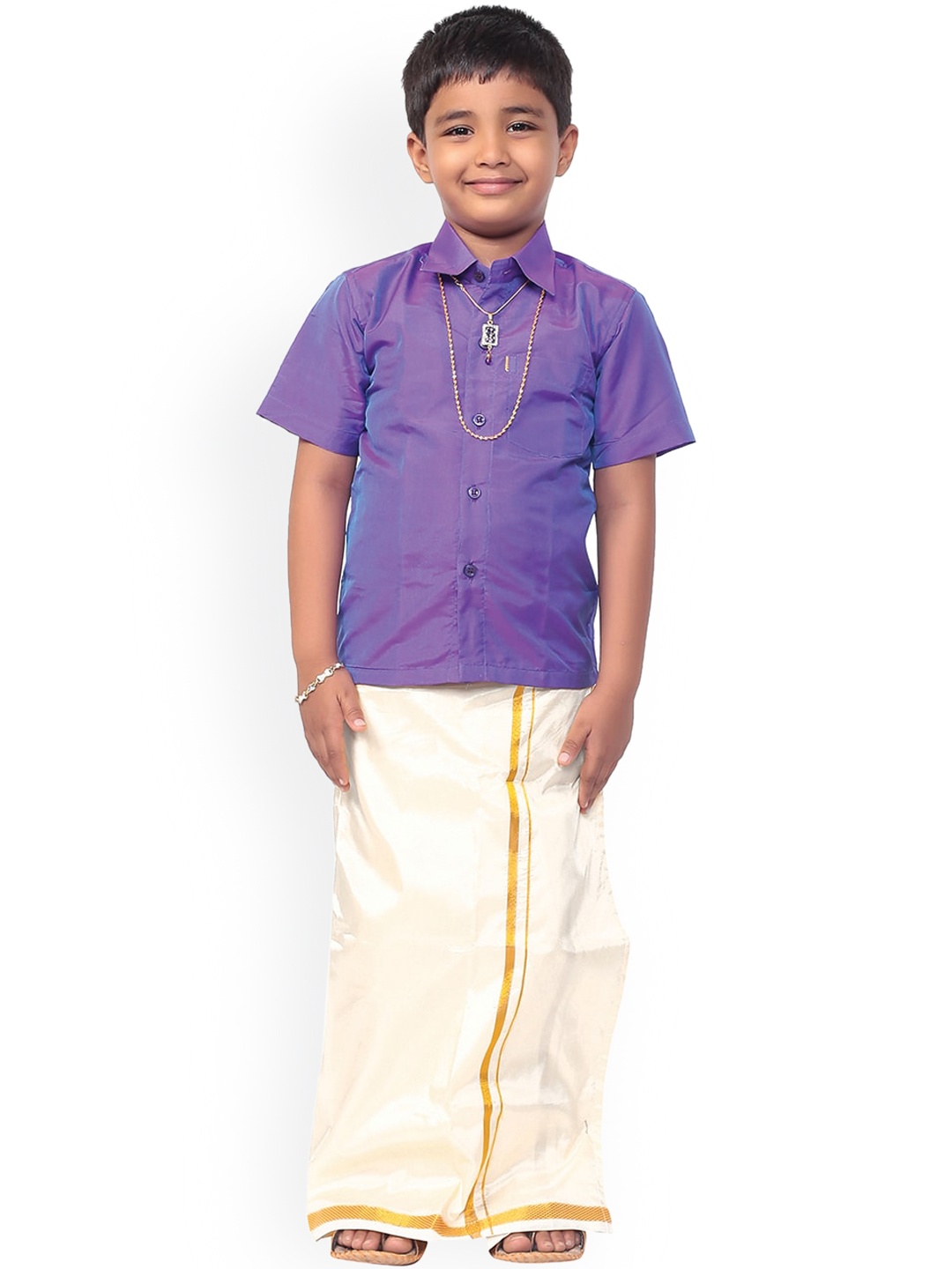 

Thala-thalapathy Boys Violet & Off-White Solid Shirt and Veshti