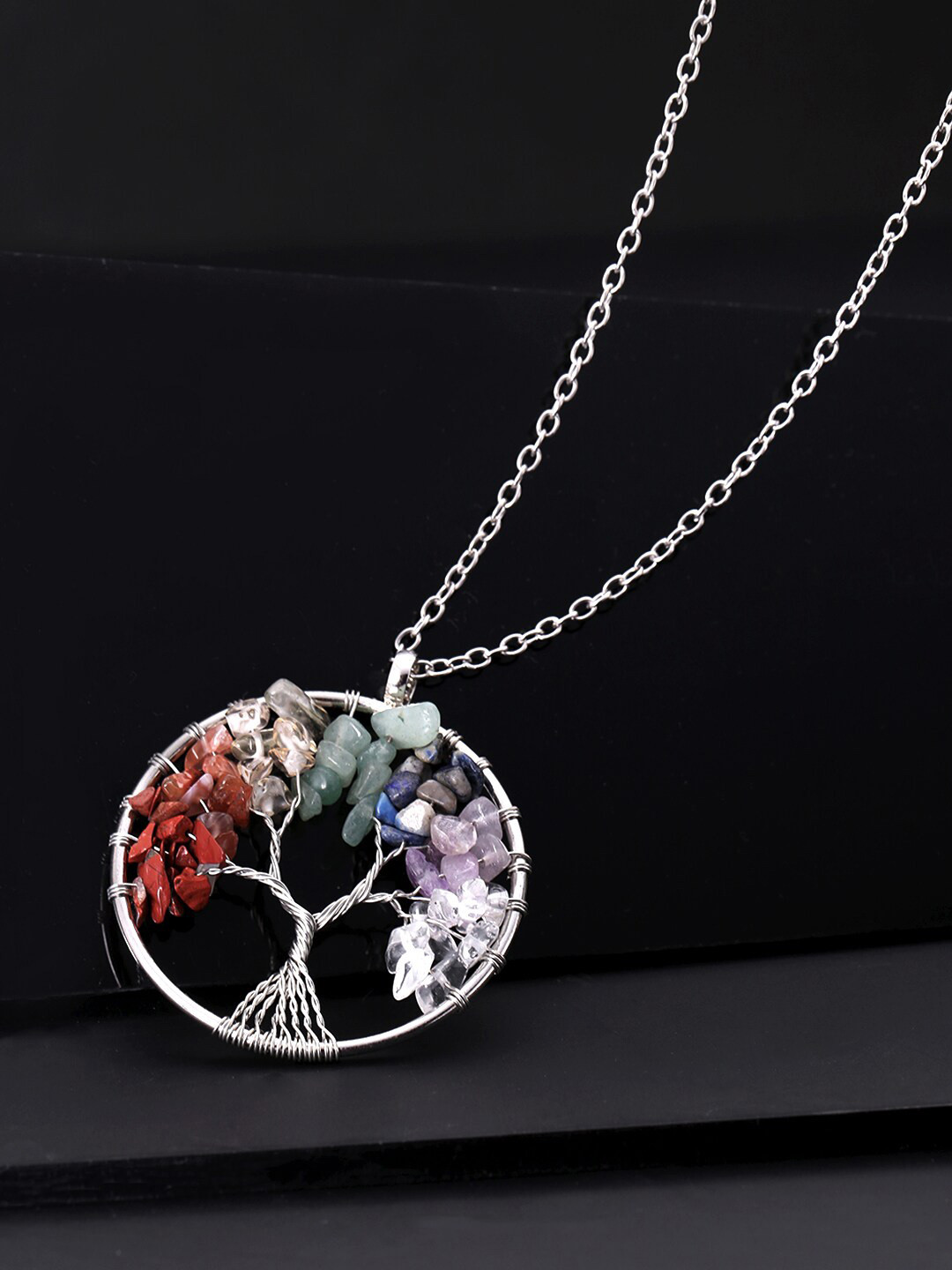 

Yellow Chimes Silver-Toned & Maroon Handcrafted Stone-Studded Tree of Life Seven Chakra Long Chain with Pendant