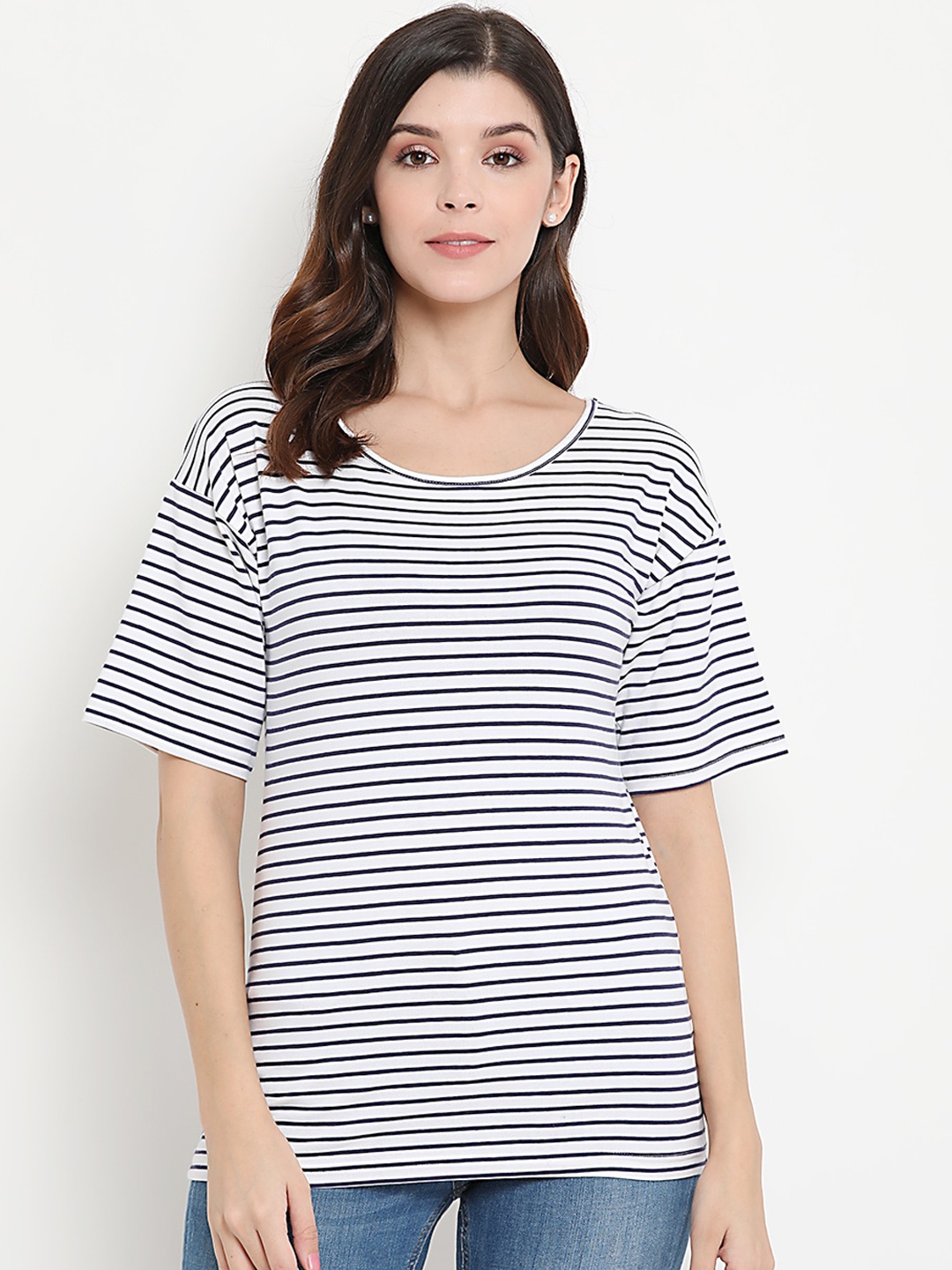 

THREAD MUSTER Women White Striped Boxy Pure Cotton Top