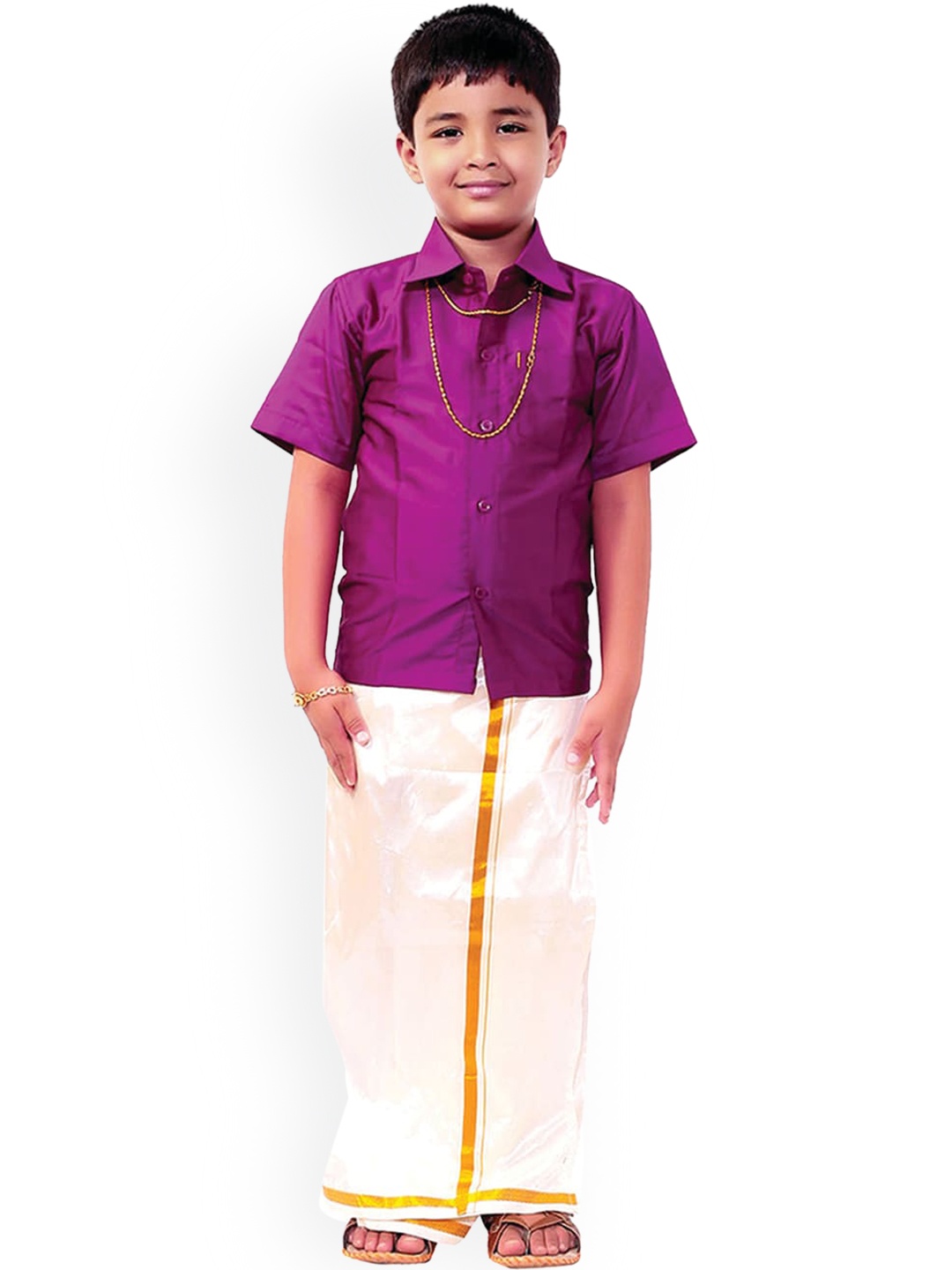 

Thangamagan Boys Violet & White Solid Shirt and Veshti