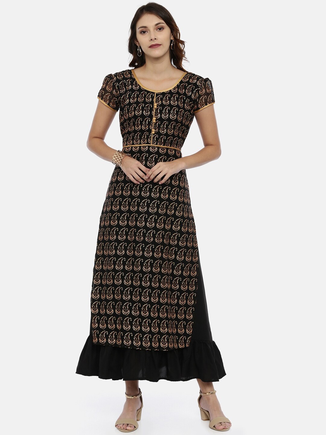 

Souchii Women Black & Yellow Printed Maxi Dress