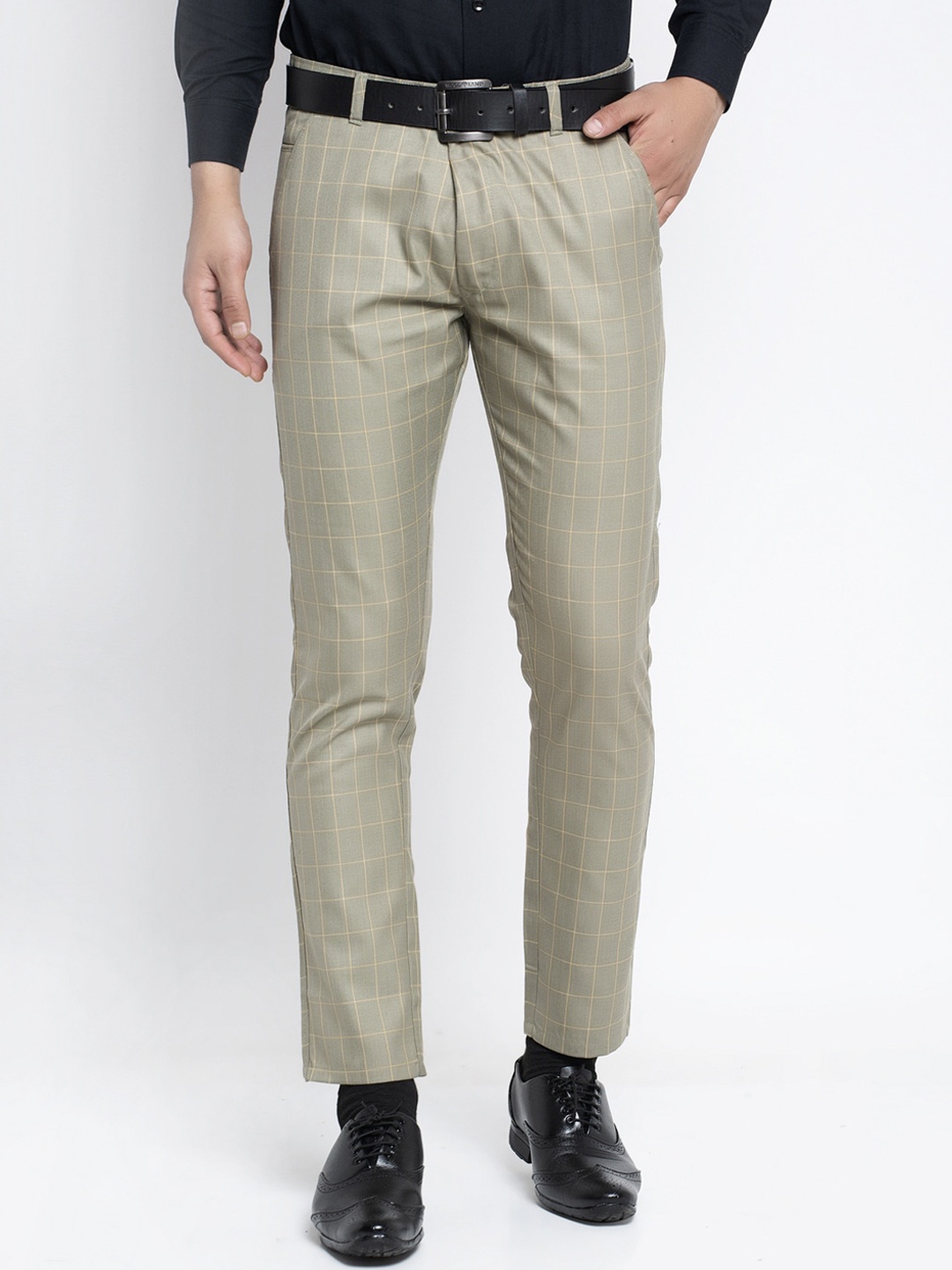 

JAINISH Men Beige Melange Slim Fit Checked Formal Trousers