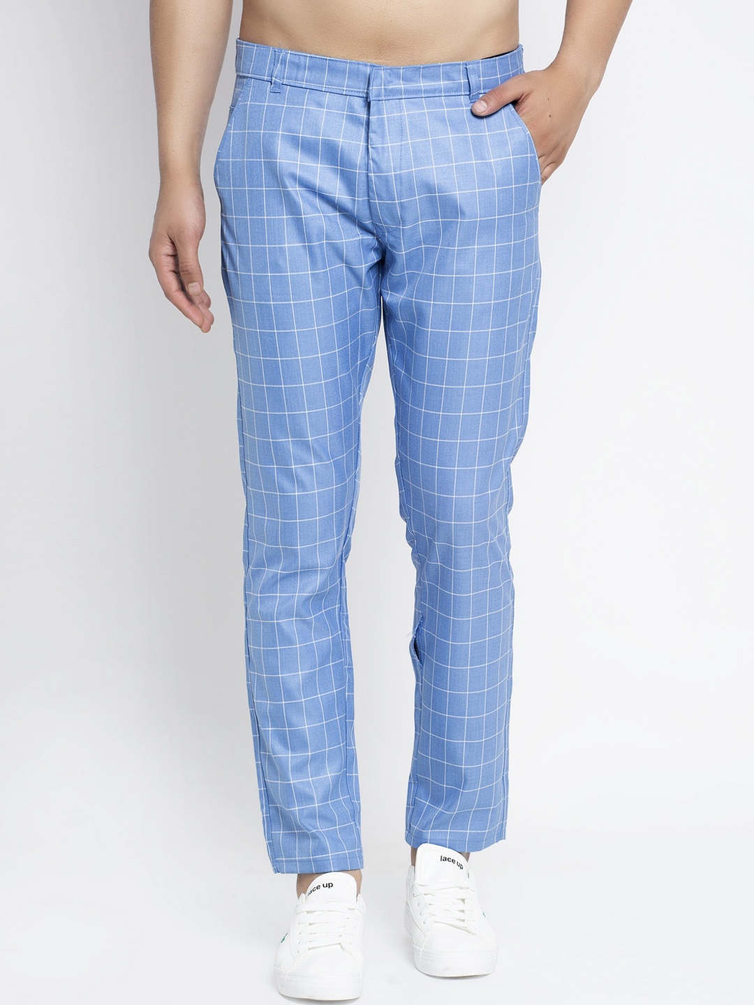 JAINISH Men Blue Slim Fit Checked Regular Trousers