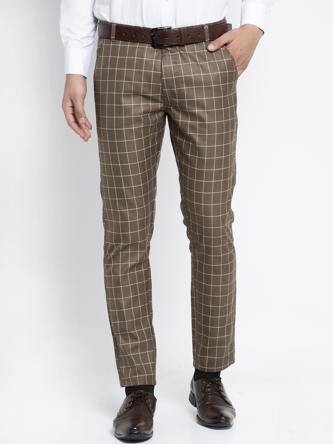 

JAINISH Men Coffee Brown Slim Fit Checked Formal Trousers