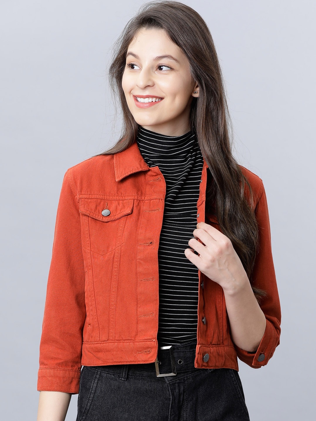 

Tokyo Talkies Women Rust Orange Solid Cotton Crop Denim Jacket