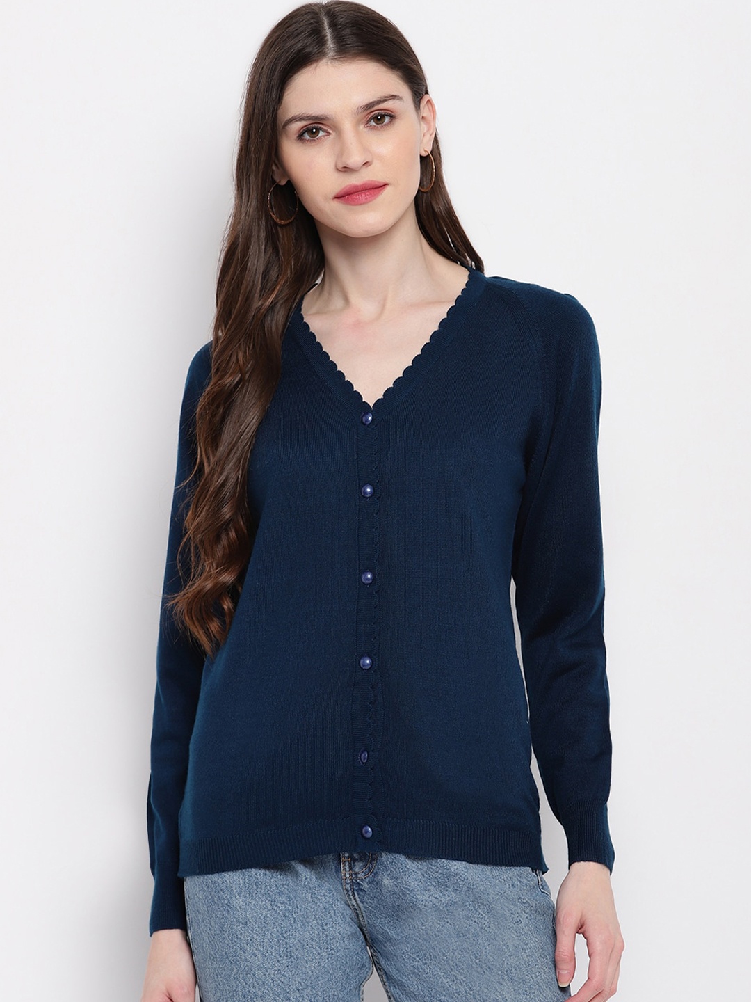 

Janasya Women Blue Solid Cardigan Sweater