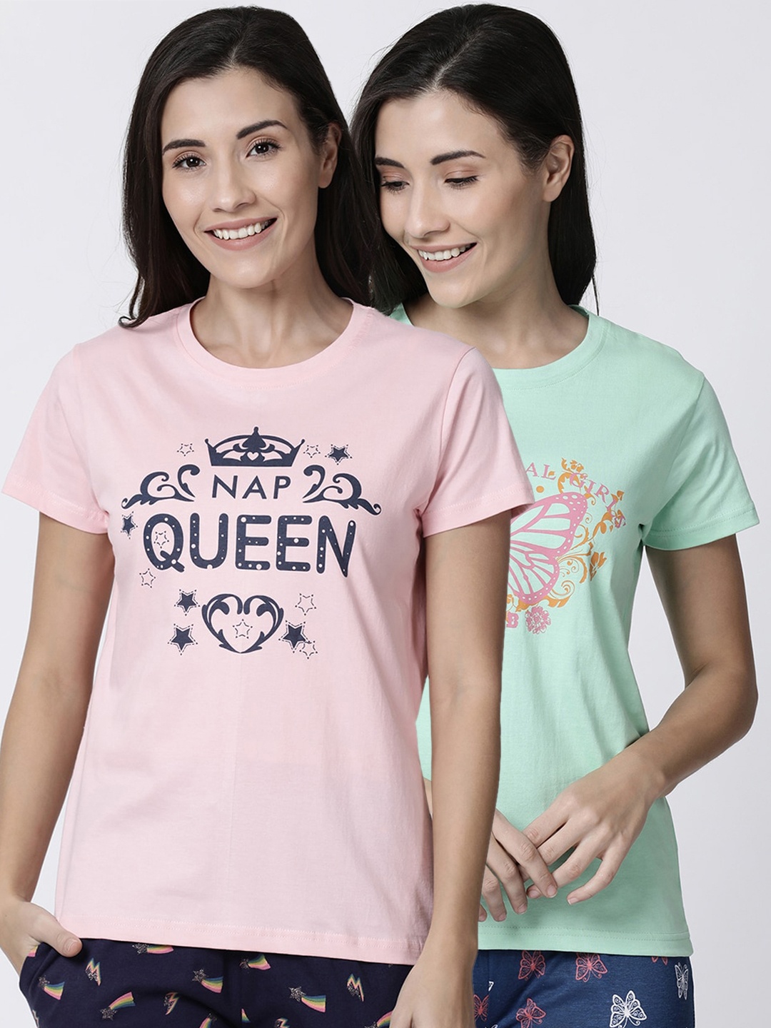 

Kryptic Women Pack Of 2 Green & Pink Printed Lounge T-Shirts