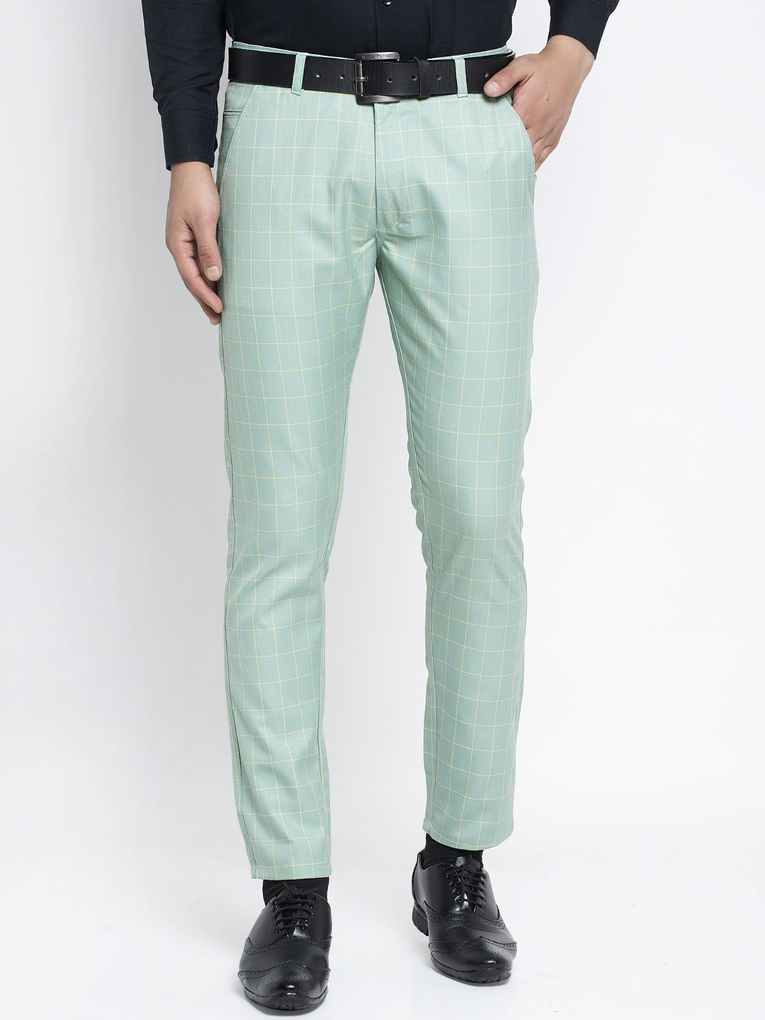 

JAINISH Men Sea Green Slim Fit Checked Formal Trousers