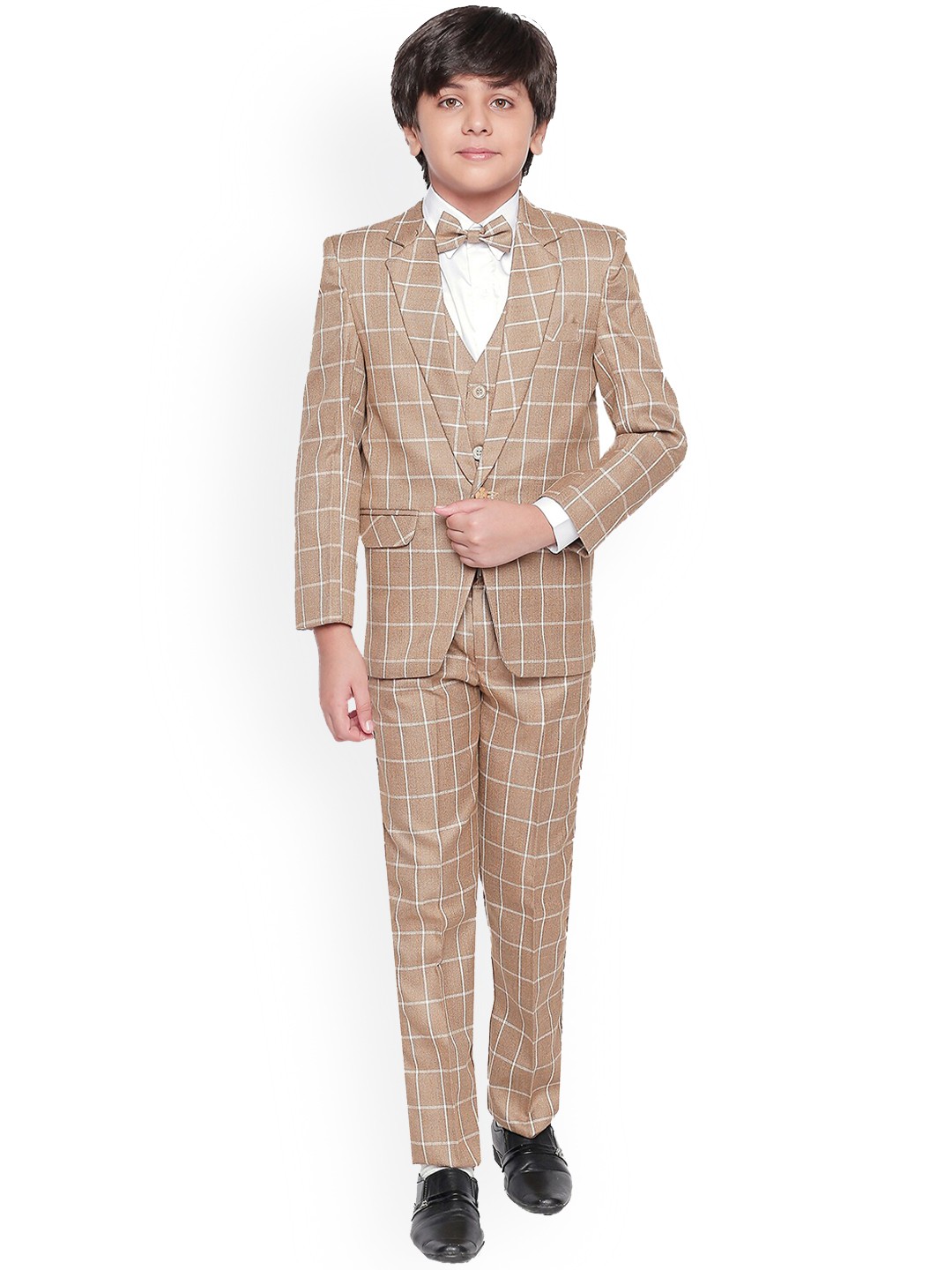 

Jeetethnics Boys Khaki-Coloured & White Checked Party Suits