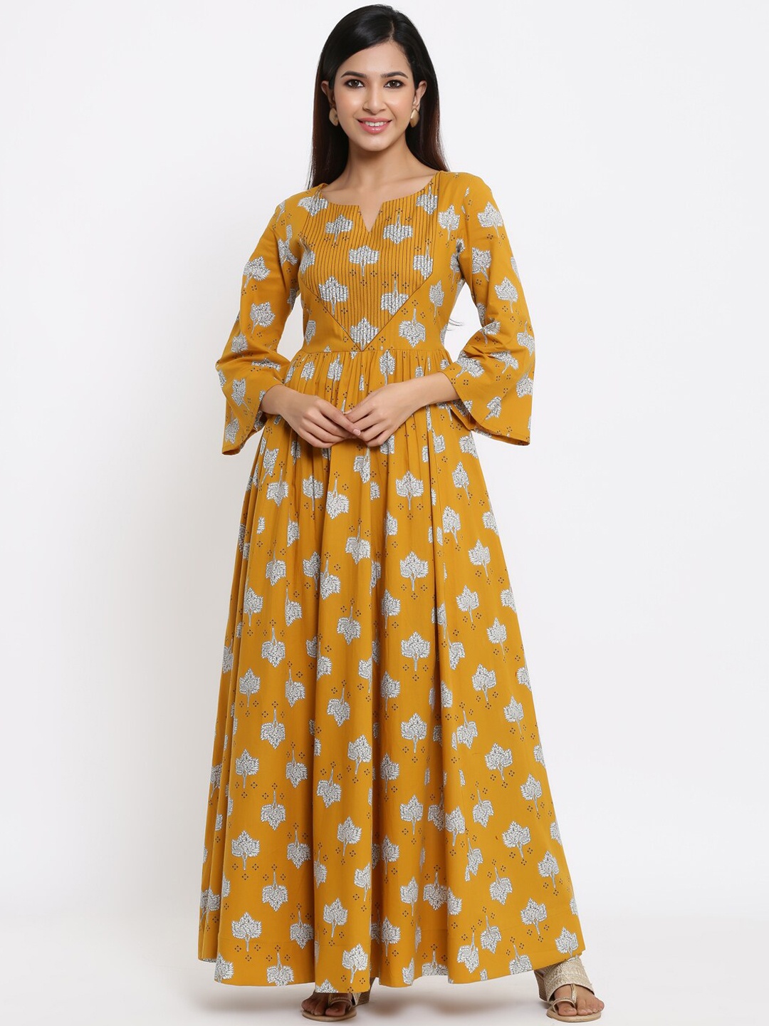 

Indian Virasat Women Mustard Yellow & White Floral Printed Maxi Dress