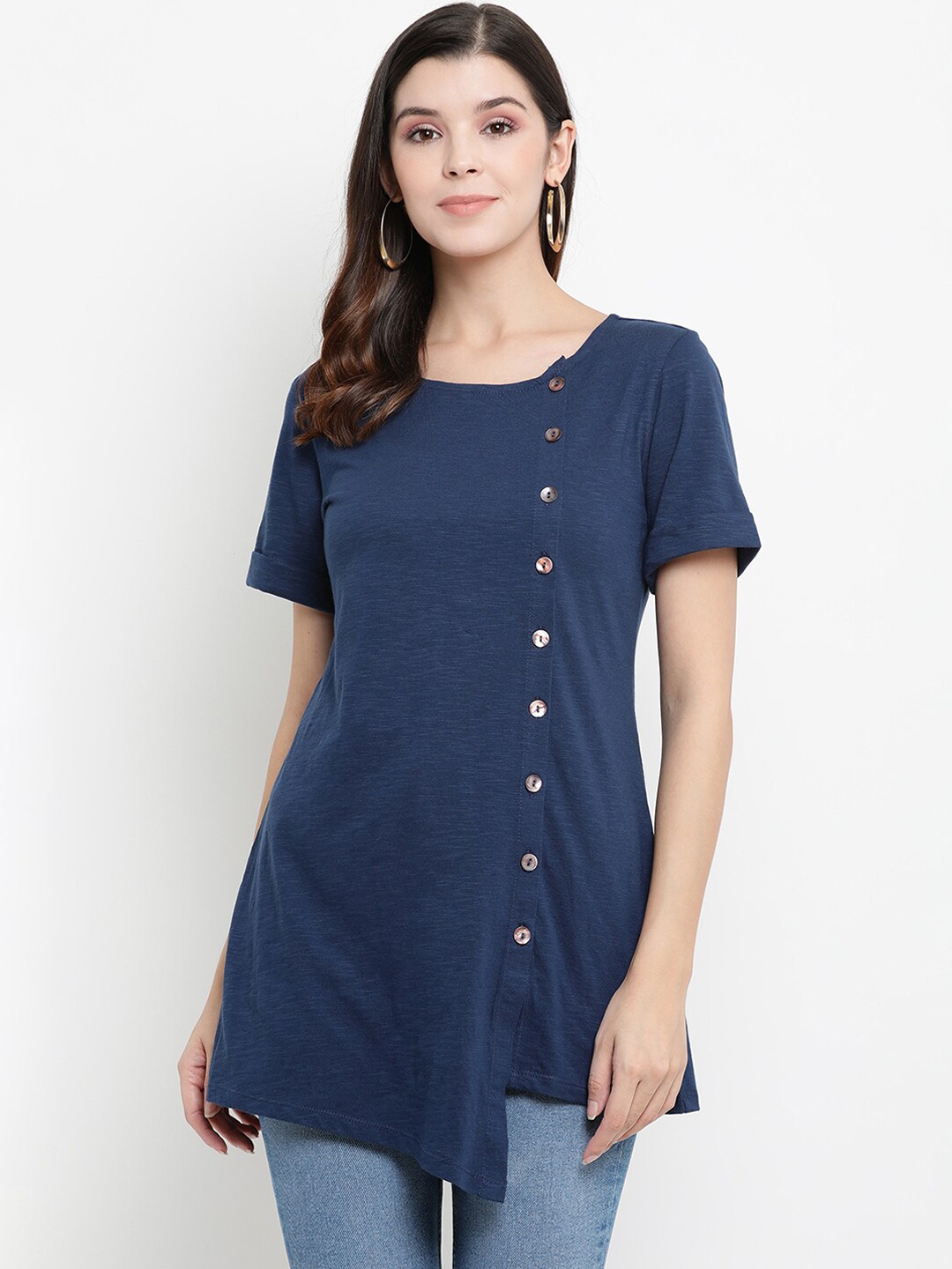 

THREAD MUSTER Women Navy Blue Solid Longline Pure Cotton Top