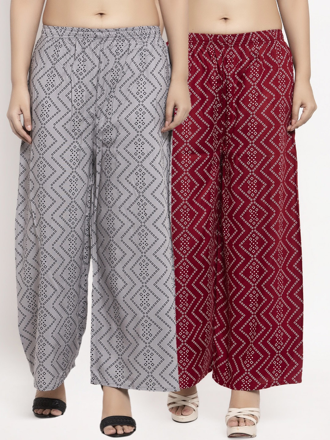 

KLOTTHE Women Pack Of 2 Grey & Maroon Printed Straight Palazzos