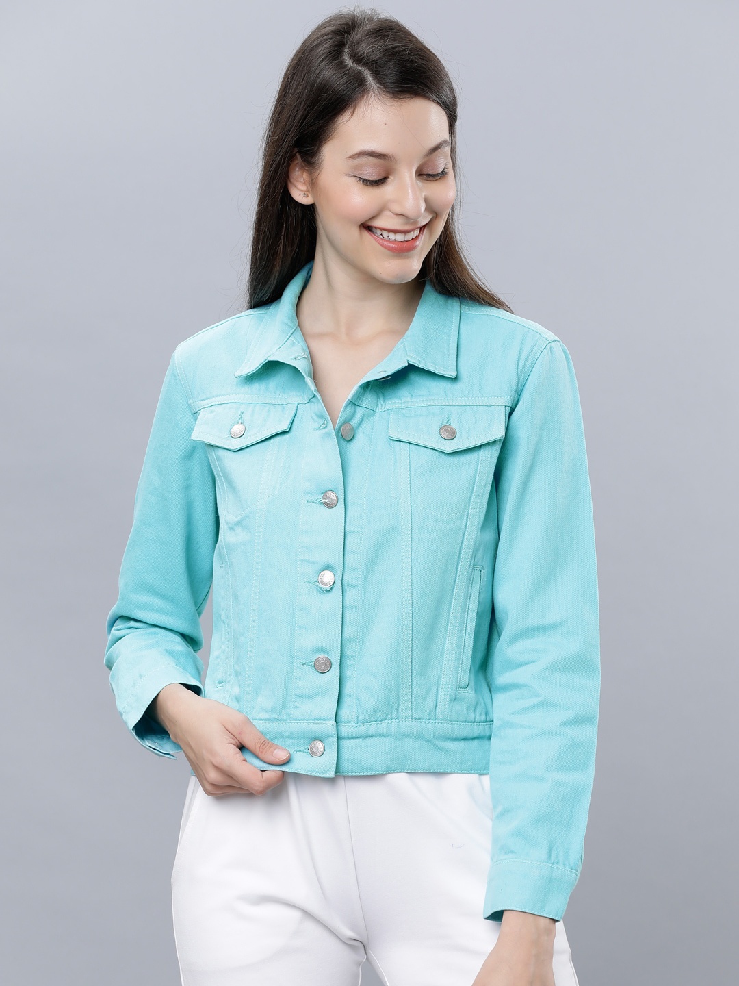 Tokyo Talkies Women Turquoise Blue Solid Denim Jacket