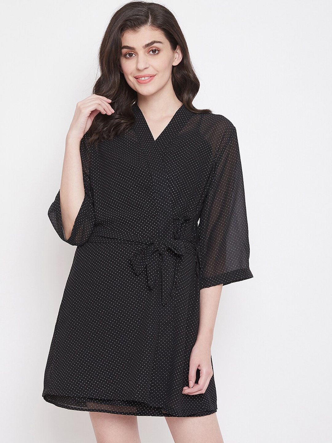 Clovia Women Black & White Polka Dot Printed Sheer Robe