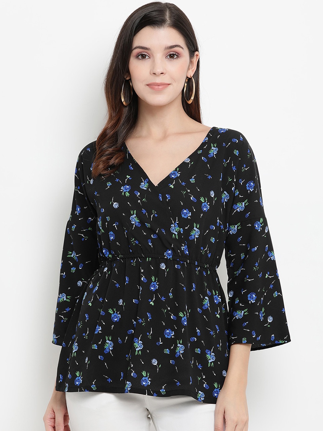 

THREAD MUSTER Women Black Floral Printed Wrap Top