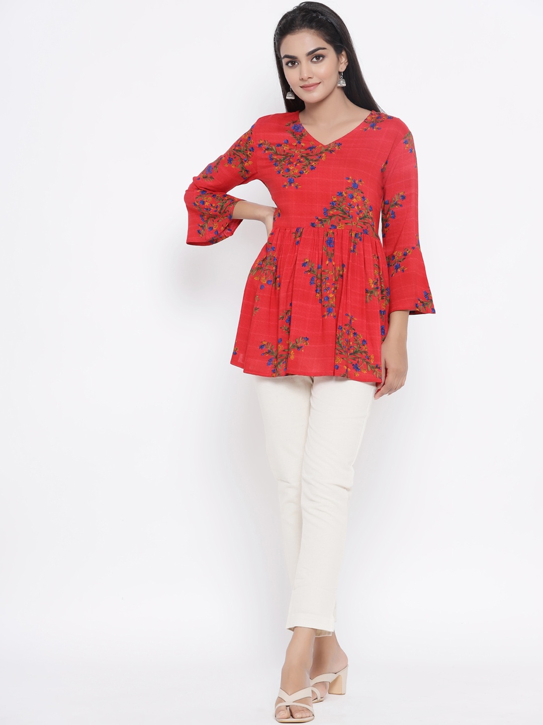 Fabriko Women Red & White Printed Top with Trousers