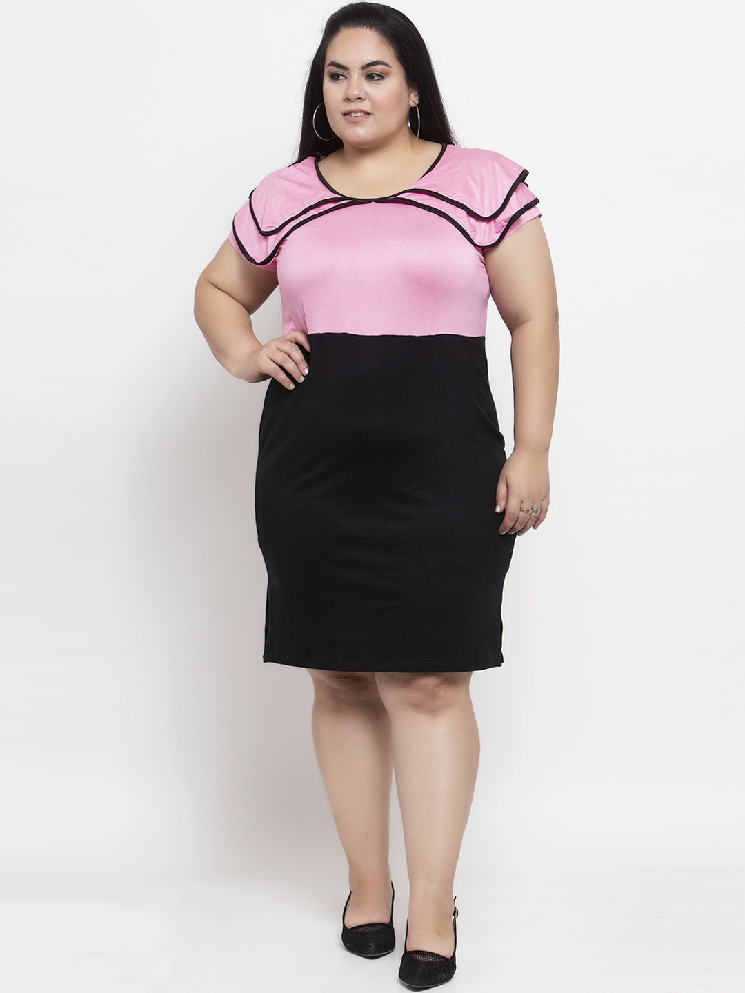

Flambeur Women Pink & Black Colourblocked Hosiery Bodycon Dress