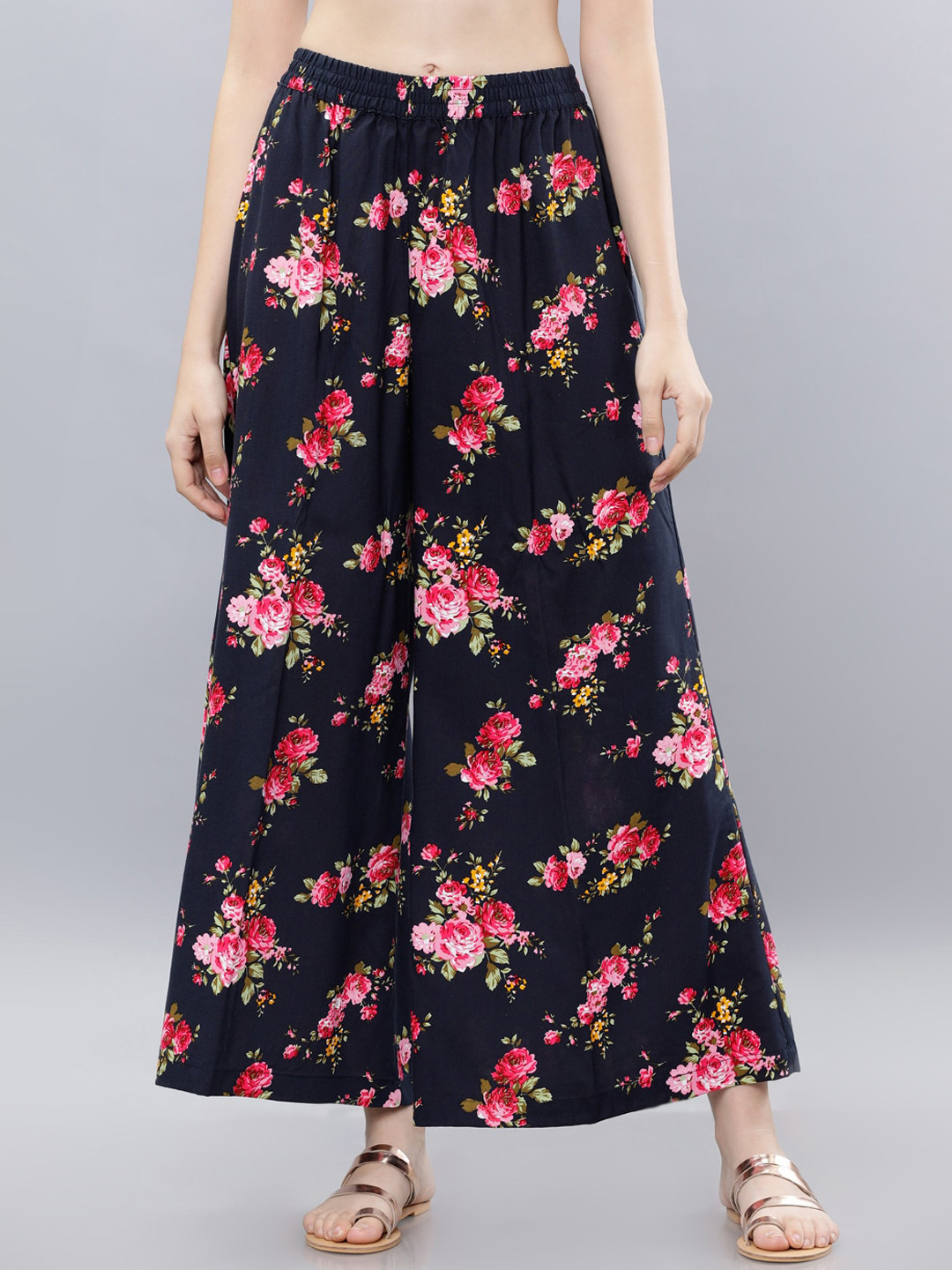 

Vishudh Women Navy Blue & Pink Printed Flared Palazzos