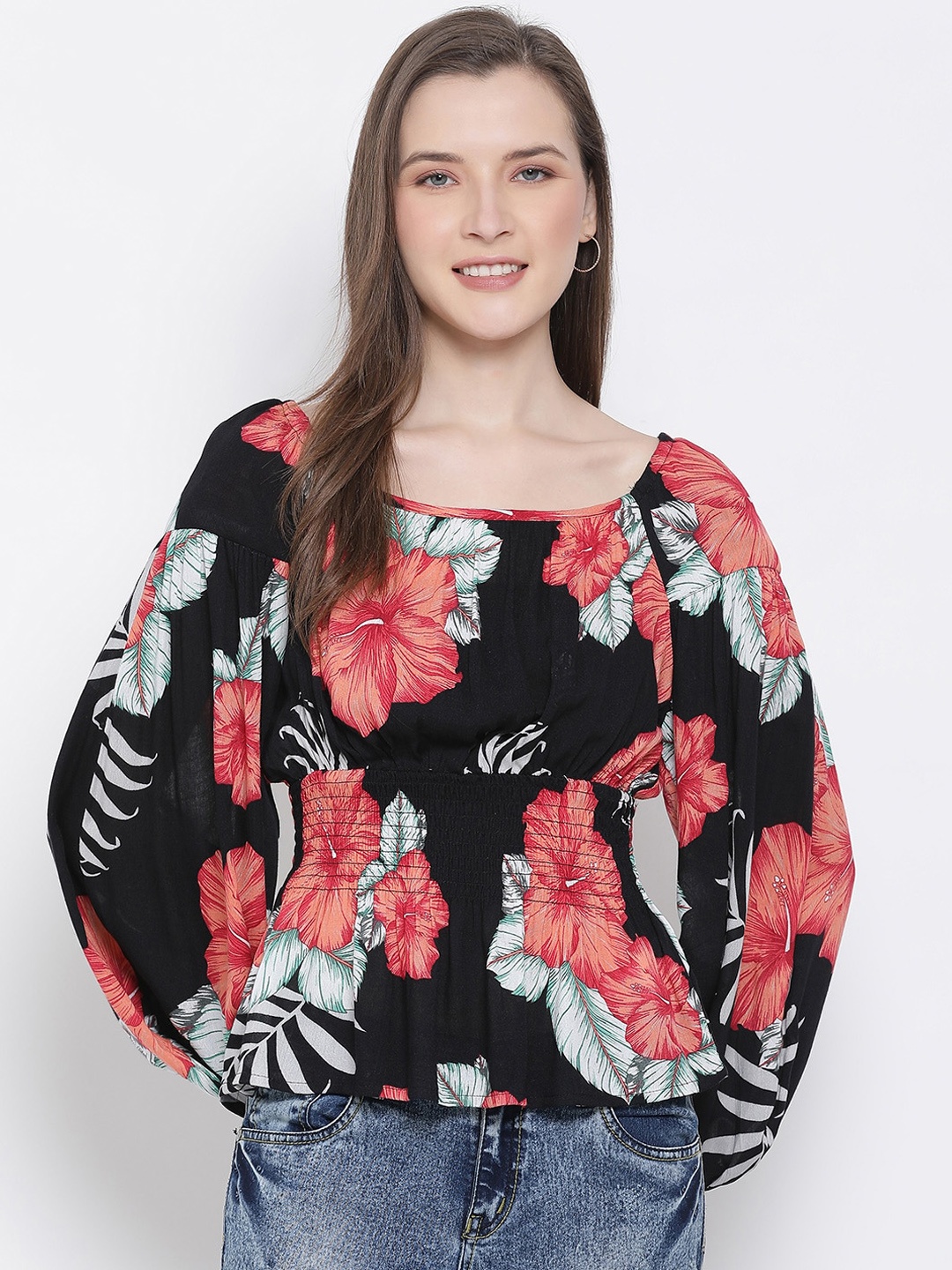 

Oxolloxo Women Black Floral Printed Cinched Waist Top