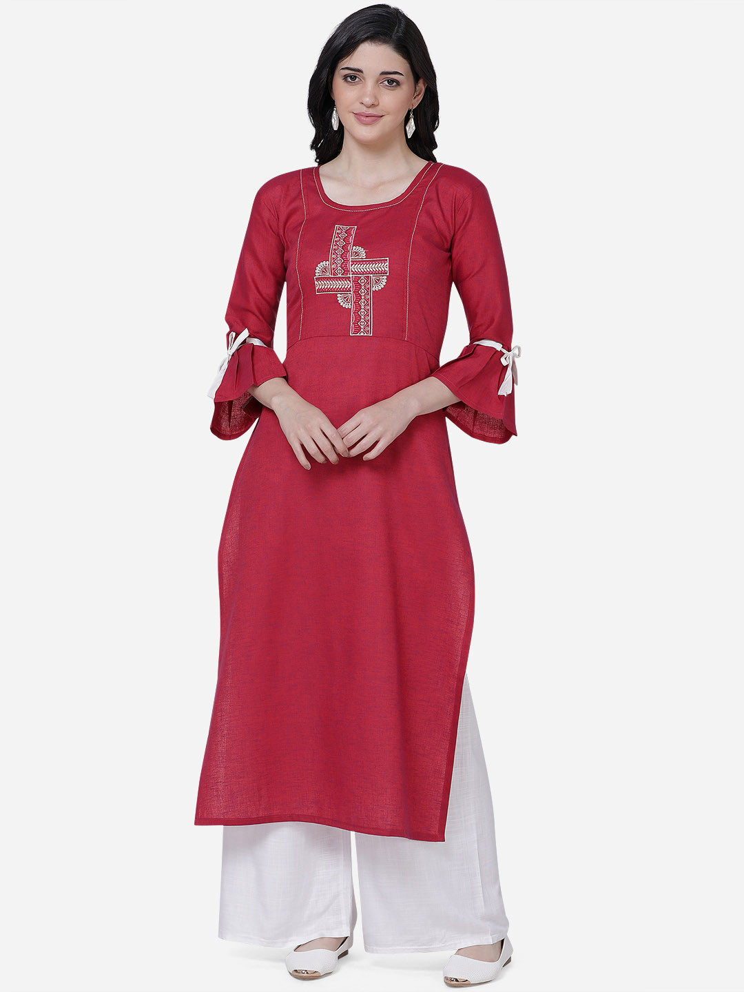 

Youthnic Women Maroon & White Yoke Design Straight Kurta