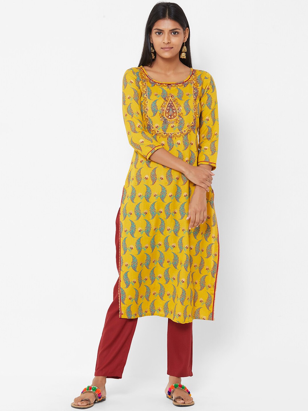 

FASHOR Women Mustard Printed Straight Kurta