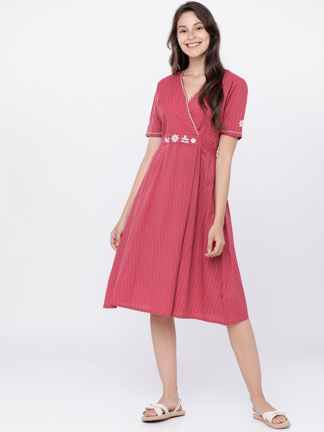 

Vishudh Women Pink Striped Wrap Dress