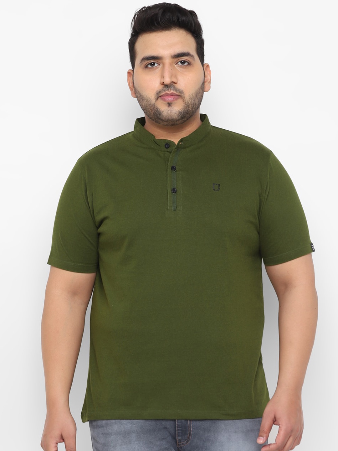 

Urbano Plus Men Olive Green Solid Mandarin Collar Cotton Pure Cotton T-shirt