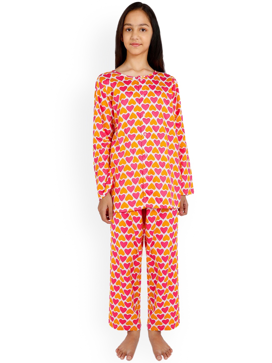 

Nigh Nigh Girls Orange & Pink Printed Sustainable Night Suit