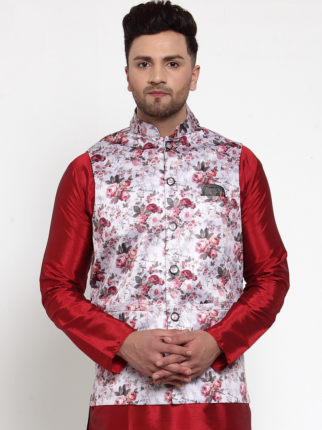 

Jompers Men Silver-Coloured & Maroon Printed Satin Nehru Jacket