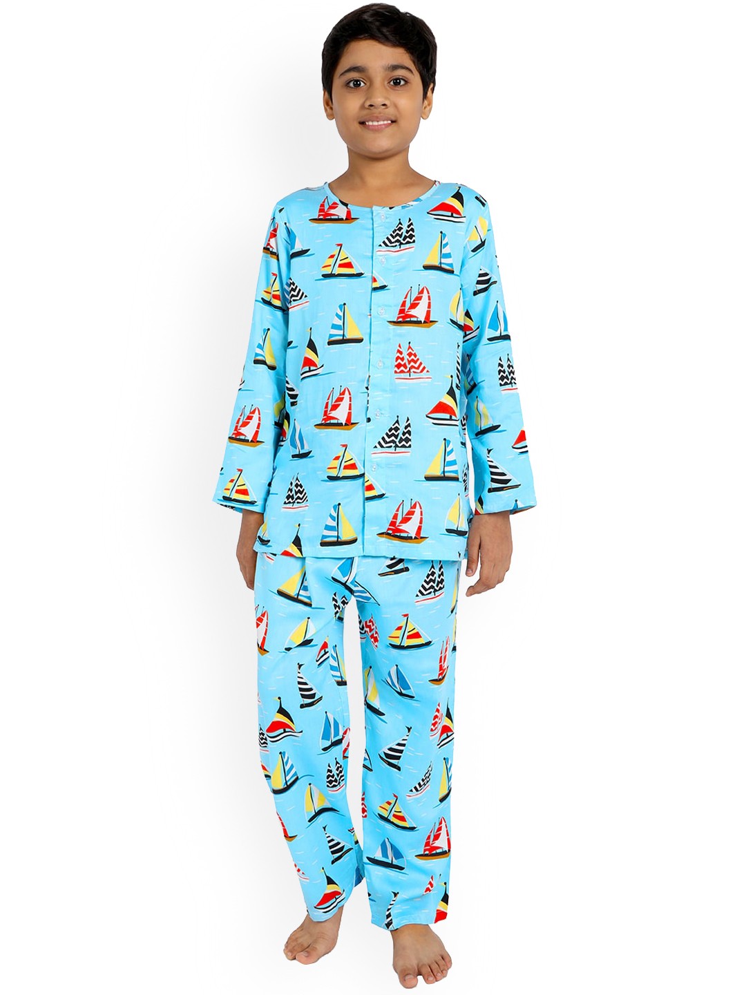

Nigh Nigh Boys Blue & Red Printed Sustainable Night Suit