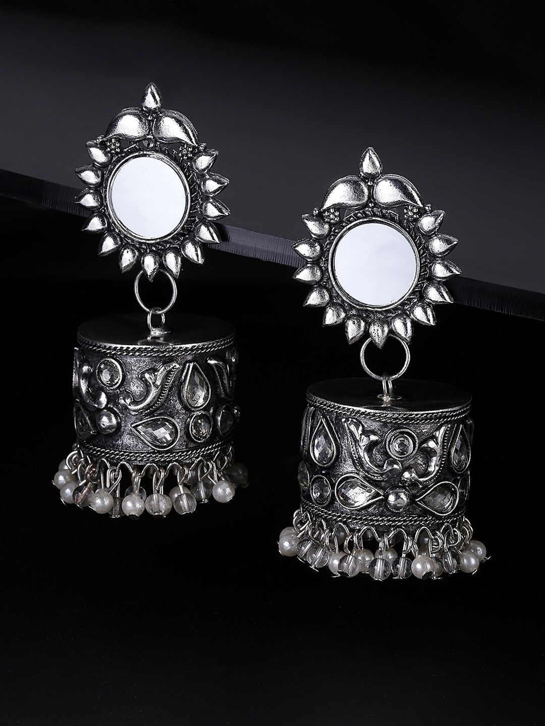 

Yellow Chimes Silver-Toned Mirror Work Contemporary Oxidised Drop Earrings