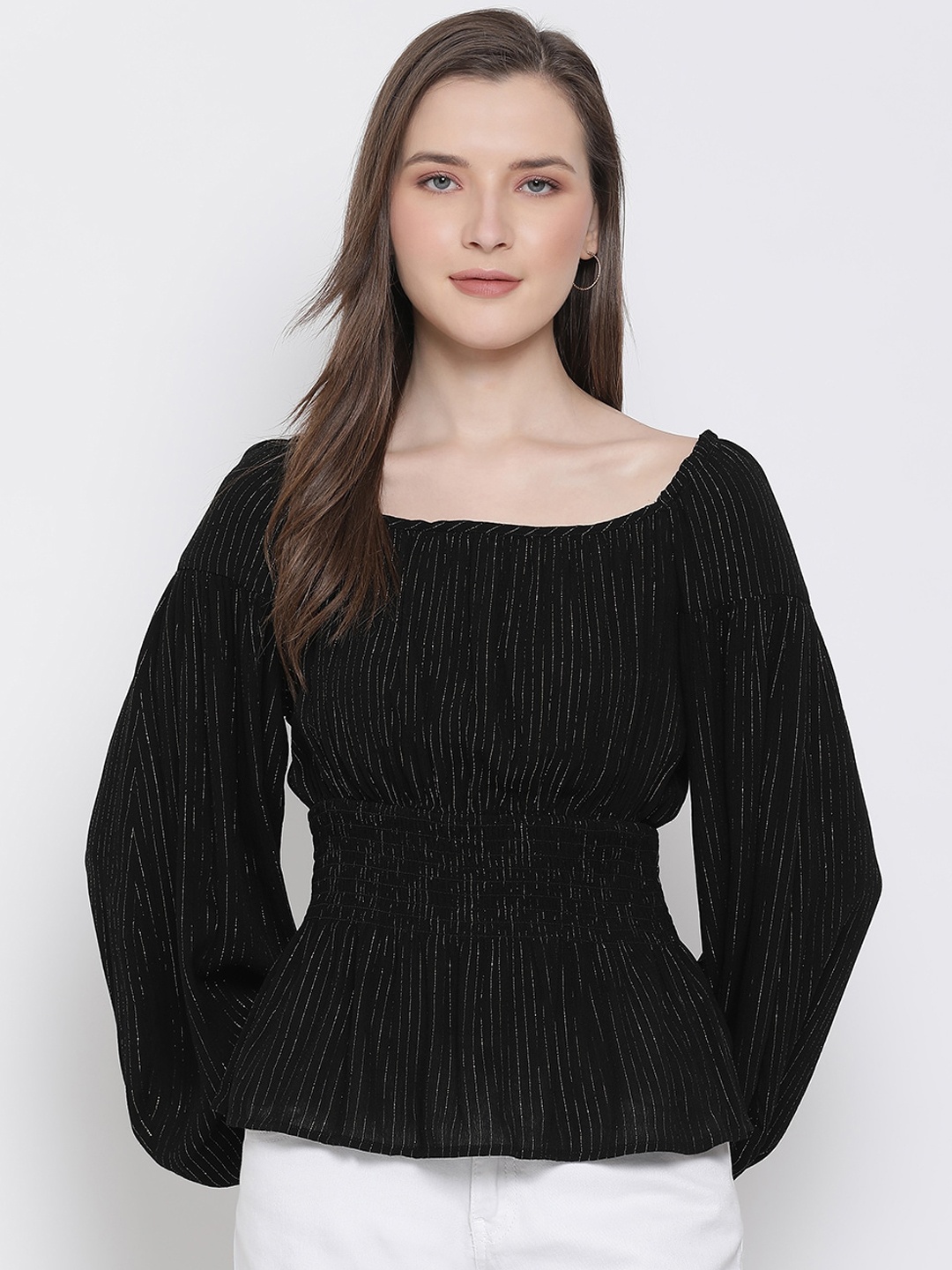 Oxolloxo Women Black Striped Cinched Waist Top