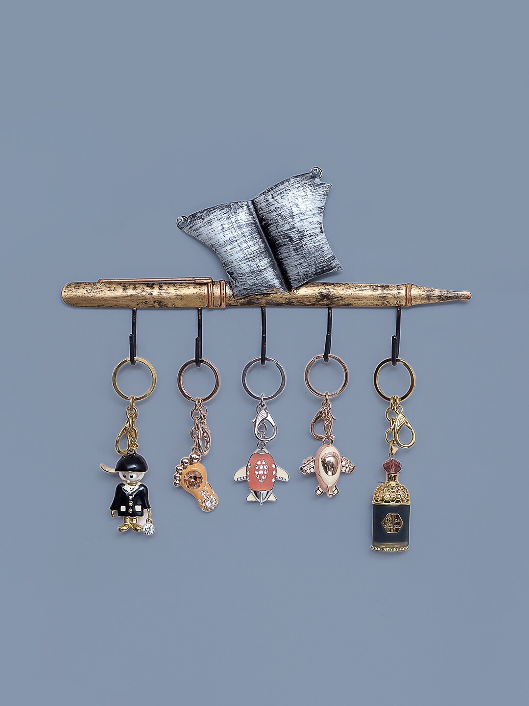 

Golden Peacock Silver-Toned & Gold-Toned Book Pen Style Iron Wall Hanging Key Holder