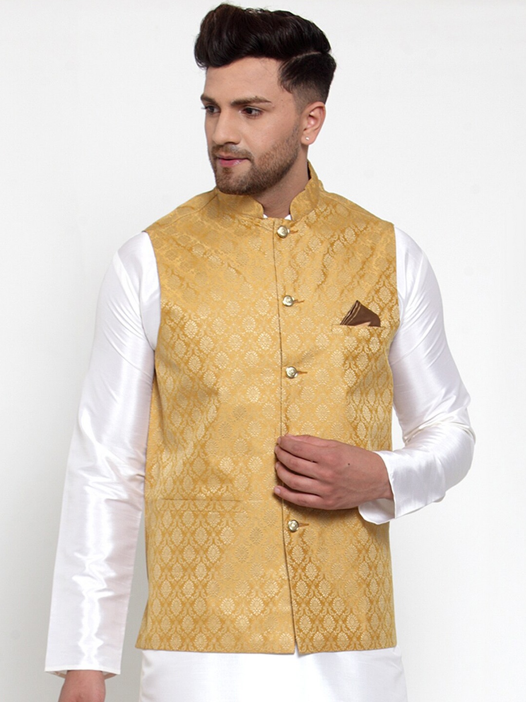 

Jompers Men Gold-Coloured Woven Design Nehru Jacket