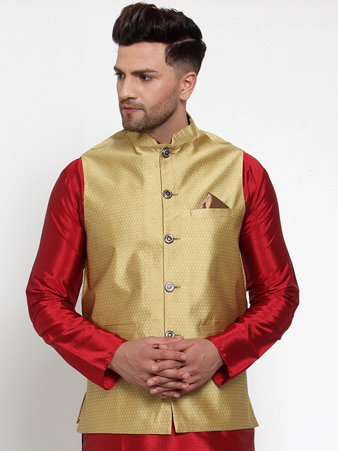 

Jompers Men Gold-Coloured Woven Design Nehru Jacket