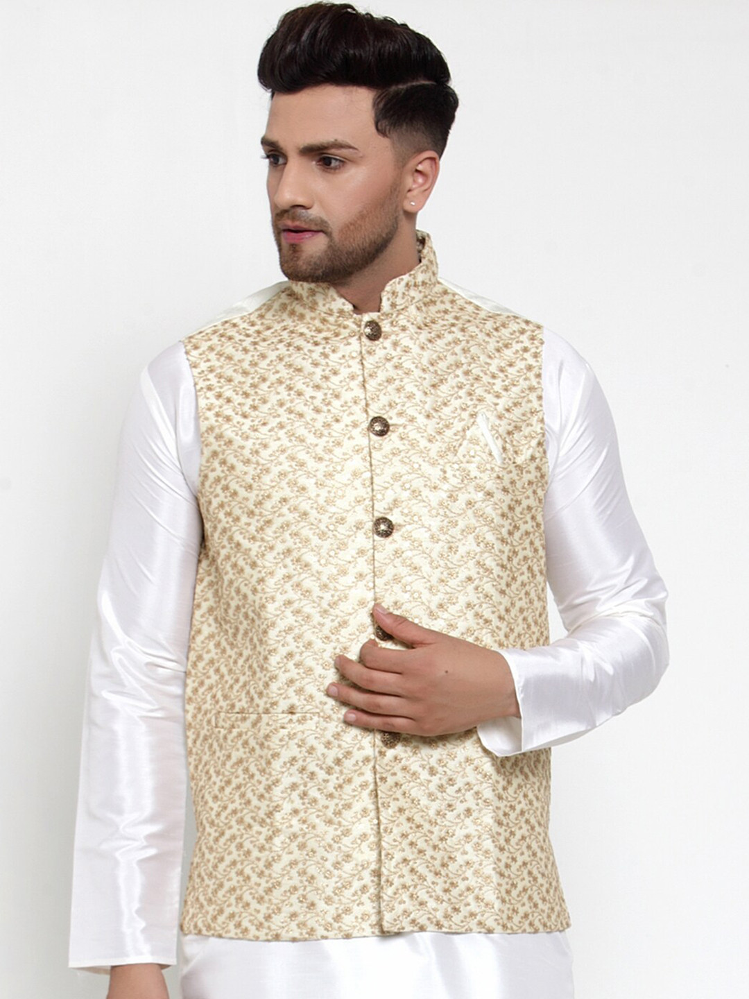 

Jompers Men Cream & Gold-Coloured Embroidered Nehru Jacket